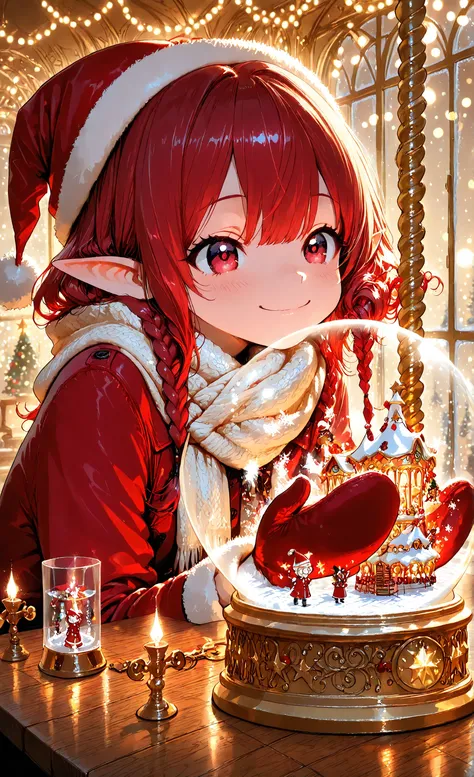 masterpiece, high quality, 8k wallpaper, illustration, anime style, Christmas theme, 1girl, cute adult elf living inside the snow globe, braided golden hair, tiny Santa hat, red velvet coat with white fur trim, knitted scarf and mittens, miniature Christma...