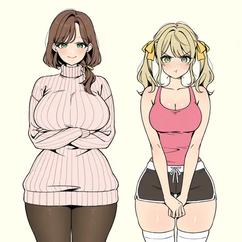 masterpiece, ultra-HD, impressionism, high detail, best quality, very aesthetic, 8K, best quality, beautiful, ultra-high resolution, 32K UHD, sharp focus, 2woman, duo, mature woman: long brown hair, low ponytail, green eyes, eyelashes, almond-shaped eyes, ...