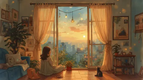 watercolor style。cozy room with soft light at dusk。Swaying Curtains。Person relaxing by the window。Gentle Air Feeling。pastel color。Subtle Bokeh。Cat with a small vague reflection in the corner。Sentimental and dreamy composition。
