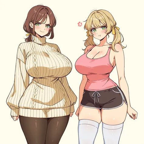 masterpiece, ultra-HD, impressionism, high detail, best quality, very aesthetic, 8K, best quality, beautiful, ultra-high resolution, 32K UHD, sharp focus, 2woman, duo, mature woman: long brown hair, low ponytail, green eyes, eyelashes, almond-shaped eyes, ...