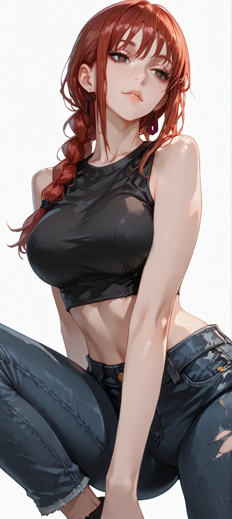 ((Simple Background, color gris)), intricate details, High quality, aesthetic, ultra detailed, ((masterpiece, detailed:1.2), ((dramatic half-body image)), Fantasy eyes, slightly large breasts, body fit, soft curves, hand, 1girl, hands(chainsaw man), reddis...