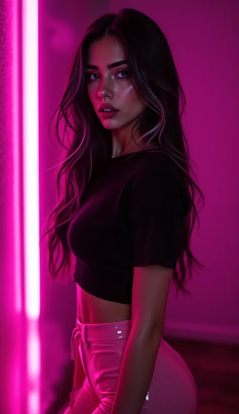 score_9, score_8_up, score_7_up, realistic,
bokeh, close-up, 1girl, medium breasts, dark bedroom wall lit by vertical pink neon strips, hazy air thick with heat, (beautiful face, cute face, 28 years old), long layered hair, black with white highlights thro...