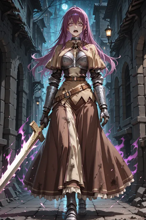 fantasy, dramatic scene, tragic heroine, expert shading, 1girl, mature, full body engulfed in dark aura, dirty outfit, swdro, elegant, long hair, side braid, sidelocks, glossy purple hair, empty gaze, crying, defined eyelid crease, natural facial proportio...