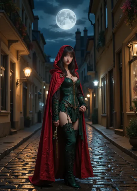 Moonlit Night、dark sky、cute girl、wear a red and dark green gothic dress cloak、 wears a red hood、Narrow Alley in Europe, Wet and reflective cobblestones、small breasts、Smooth belly and belly、Beautiful legs、（full body photo、full body shot、body）、My costume is ...