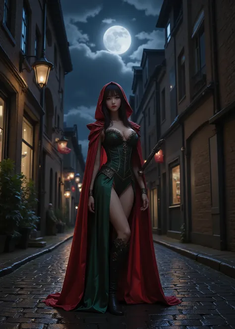 Moonlit Night、dark sky、Slim and cute girls、wear a red and dark green gothic dress cloak、 wears a red hood、Narrow Alley in Europe, Wet and reflective cobblestones、small breasts、Smooth belly and belly、Beautiful legs、（full body photo、full body shot、body）、Poin...