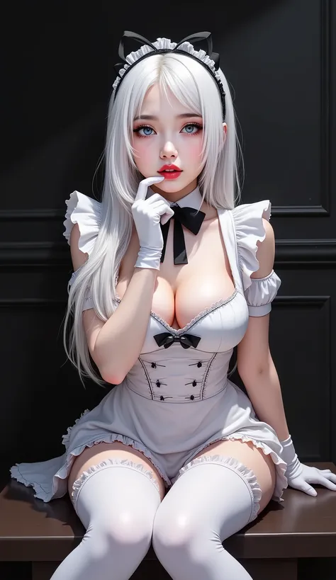 score_9, score_8_up, score_8, score_7_up, score_7, very awa, 1girl, 25yo, posing seductively, medium breasts, long white hair, black bow headband, red lips, eyes, beautiful face, long eyelashes, eyeliner, makeup on eyelashes, white maid dress, black ruffle...
