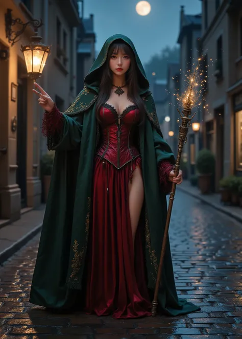 Moonlit Night、dark sky、Slim and cute girls、Wear a red gothic dress、wear a dark green cloak and hood、Narrow Alley in Europe, Wet and reflective cobblestones、small breasts、Smooth belly and belly、Beautiful legs、（full body photo、full body shot、body）、hold a mag...