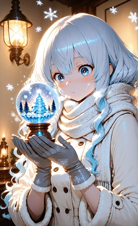 masterpiece, 8k, top quality, detail, High Resolution, digital painting, Super Detailed, (detailed eyes:1.2), (sharp eye:1.1), [Illustration], anime style, 1girl, PORTRAIT, upper body, Adult Female, long silver wavy hair with ice blue ribbon accents, snow-...