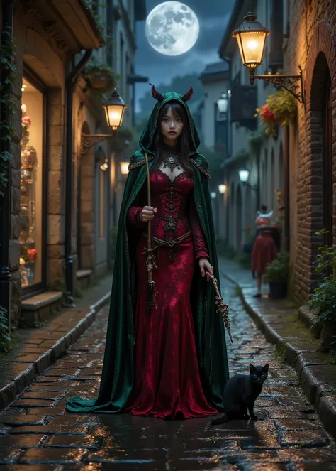 Moonlit Night、dark sky、Slim cute cat、Real Cat、Wear a red gothic dress、wear a dark green cloak and hood、Narrow Alley in Europe, Wet and reflective cobblestones、small breasts、（full body photo、full body shot、body）、holding a magic wand in his hand、style and cl...