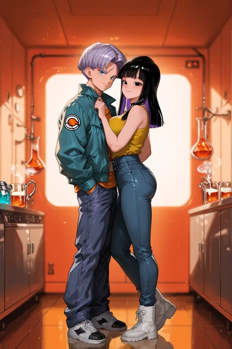A girl and a boy standing close together romantically, looking at the viewer., Mai with long black hair, blunt bangs, blunt ends, sharp black eyes, thick fringe, soft sweet smile. Wearing shirt and jacket, jeans, boots., Trunks with short lavender hair, bl...