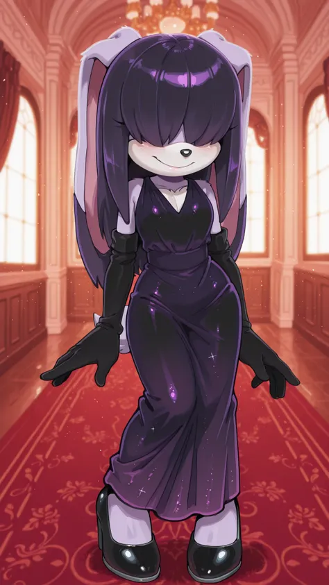 masterpiece, best quality, amazing quality, very aesthetic, high resolution, ultra-detailed, absurdres, newest, scenery, furry, anthro, sonic \(series\), 1girl, female furry, rabbit, purple straight hair, long hair, hair over eyes, purple dress, deep v-nec...