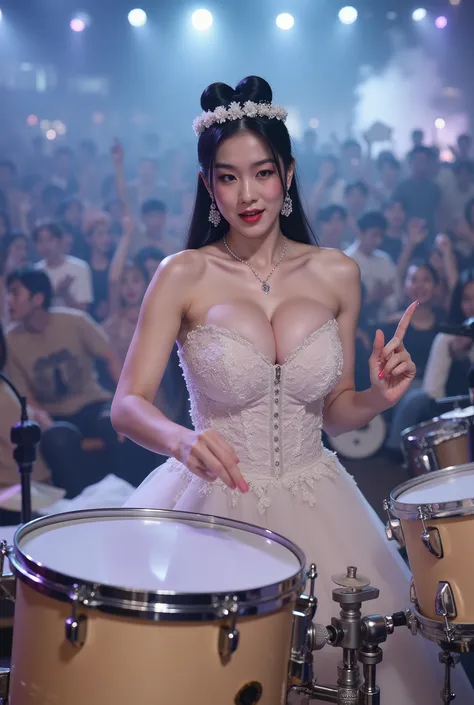Full body, asian Idol,cute, An eighteen-year-old in a wedding dress holding a drumstick,plays the drum in front,There are many instruments next to her,She was a fervent drummer,Also the drummer of the band,High School Girl,necklace,with long hair,Dark Hair...