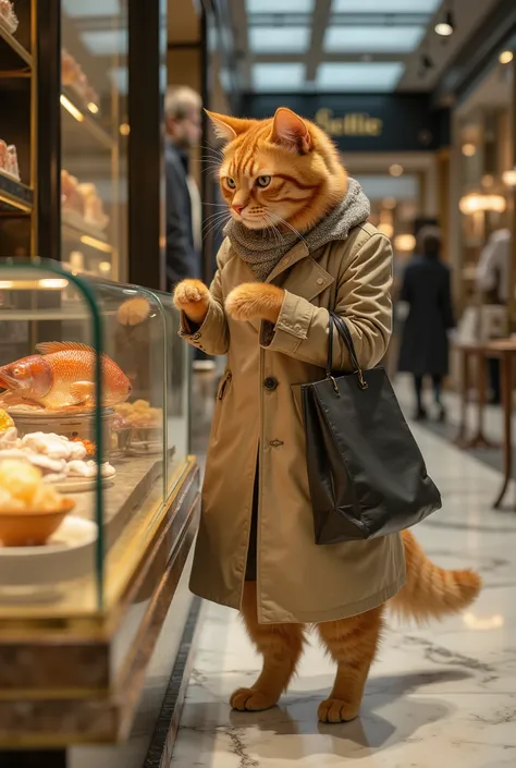 photorealistic image of an anthropomorphic ginger cat in a stylish trench coat. He is standing on his hind paws in a luxurious department store, holding multiple shopping bags while carefully examining a fish-shaped gourmet snack on a display. The environm...