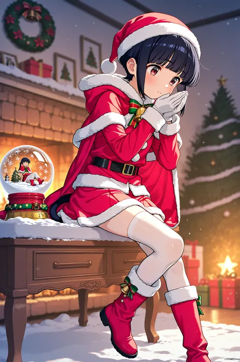 young hinata hyuga  , wearing a Christmas suit with a cape, white gloves on her hands,It is inside a snow globe placed on a piece of furniture in Santa's house, white stockings under a short skirt, red plush boots, one foot up, and a big bell tied to the b...