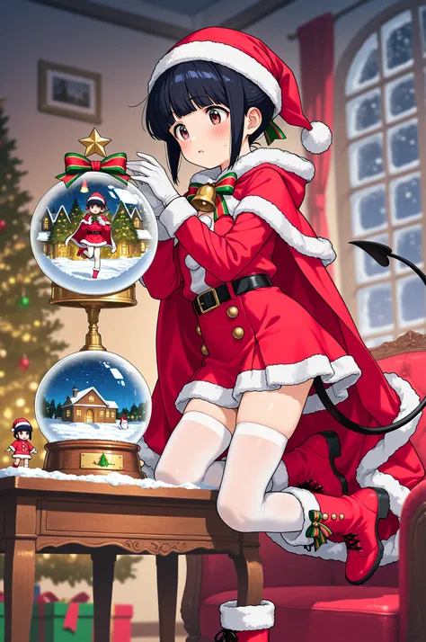 young hinata hyuga  , wearing a Christmas suit with a cape, white gloves on her hands,It is inside a snow globe placed on a piece of furniture in Santa's house, white stockings under a short skirt, red plush boots, one foot up, and a big bell tied to the b...