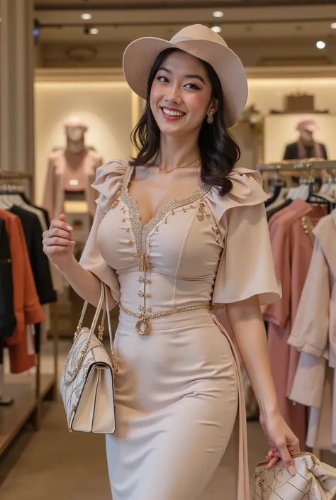 Shopaholic elegant woman in cloth store , happy vibes , elegant style , modisty wearing dress and hat . Handfully with bag after shoping