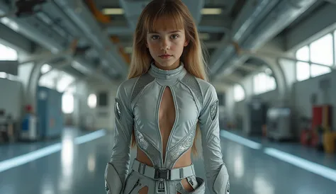 High-quality full-length photo of an eleven-year-old girl, in the image of a space fleet engineer, in a tight-fitting, thin and elastic, smaller than the equipment needs, made of super-thin high-tech material with transparent inserts all over the girl's bo...
