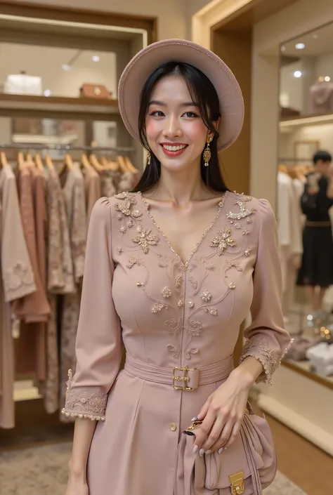 Shopaholic elegant woman in cloth store , happy vibes , elegant style , modisty wearing dress and hat . Handfully with bag after shoping