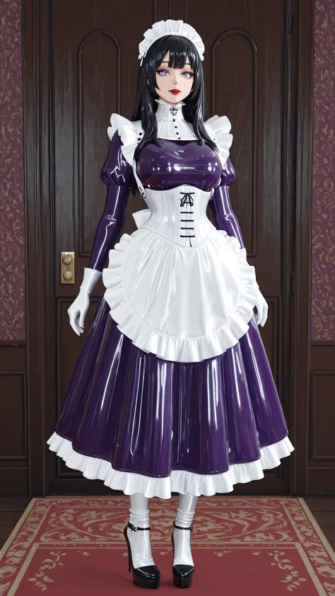 maniajuns, black latex skin, black lenses, black hair,blue eyes,red lips, happy, girl in closed shiny black catsuit,white NeckCorset, HW_Corset, standing, purple latex maid, gothic, frilly, ruffles, purple latex long skirt, Wide Skirt, big purple latex puf...