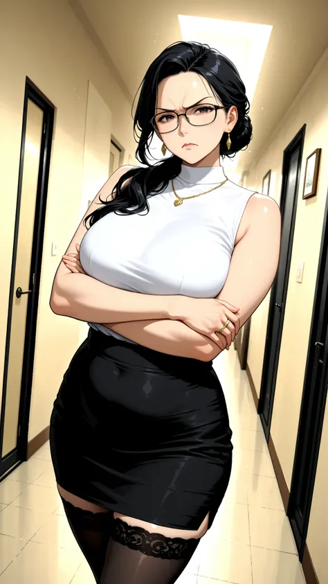 low angle, Best Quality 8K Photos, bright light, Apartment hallway, bun , Black Hair, Hair Split Long Hair in Hairstyle, Black-rimmed Glasses, 40 years old sexy mature woman, e cup, Sexy plump, Sleeveless white shirts , Black Short Skirt, Black Stocking...