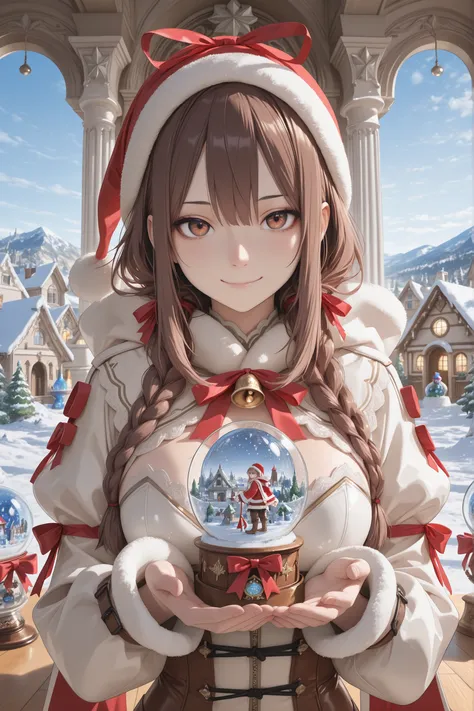 detailed background,Gorgeous church,1 girl,Focus on Glowing Skin, She's standing at the entrance of an elegant church decorated for Christmas, There's a large pillar covered with a garland and a snowy driveway. she is wearing an elaborate Santa Claus fairy...