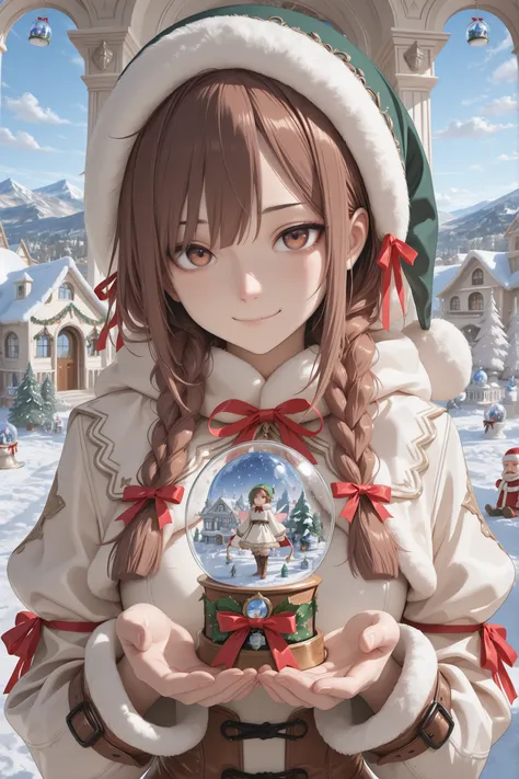 detailed background,Gorgeous church,1 girl,Focus on Glowing Skin, She's standing at the entrance of an elegant church decorated for Christmas, There's a large pillar covered with a garland and a snowy driveway. she is wearing an elaborate Santa Claus fairy...