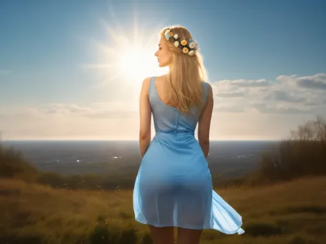A realistic portrait photograph of a beautiful Russian blonde, standing on a hill, with the sun shining behind her. She is wearing a beautifully fitted, light blue dress and has a flower in her hair. The photo is taken from behind, and the outline of her u...
