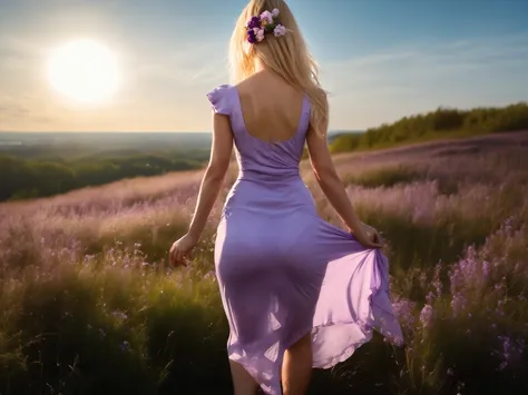 Full body portrait of a beautiful blonde Russian, standing on a hill, with the sun shining behind her. She is wearing a beautifully fitted, light purple dress and has a flower in her hair. The photo is taken from behind, and the outline of her underwear is...
