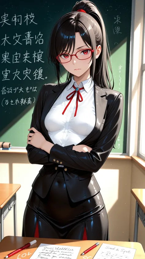 High Quality Photo、masterpiece、Highest Quality、female teacher standing at the pulpit、tight red thin framed glasses、tight tied high ponytail、black slender suit skirt and white blouse with sharp collar、majestic posture looking over the classroom with arms cr...