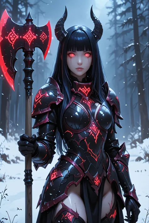 score_9, score_8_up, score_7_up, upscale 2x, ((Hyūga Hinata)), (A demon woman, Dark Blue long hair, red glowing eyes, horns on her head, (Fair skin Look Alike Snow:1.25), in armor, holding an axe, the axe is outlined in red glowing and had glowing symbols ...