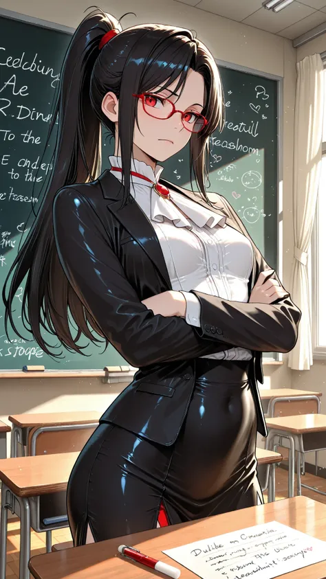 High Quality Photo、masterpiece、Highest Quality、female teacher standing at the pulpit、tight red thin framed glasses、tight tied high ponytail、black slender suit skirt and white blouse with sharp collar、majestic posture looking over the classroom with arms cr...