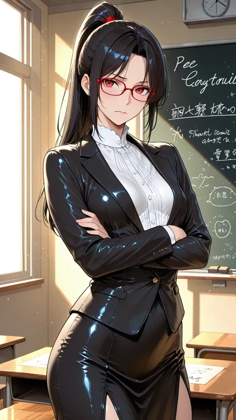 High Quality Photo、masterpiece、Highest Quality、female teacher standing at the pulpit、tight red thin framed glasses、tight tied high ponytail、black slender suit skirt and white blouse with sharp collar、majestic posture looking over the classroom with arms cr...