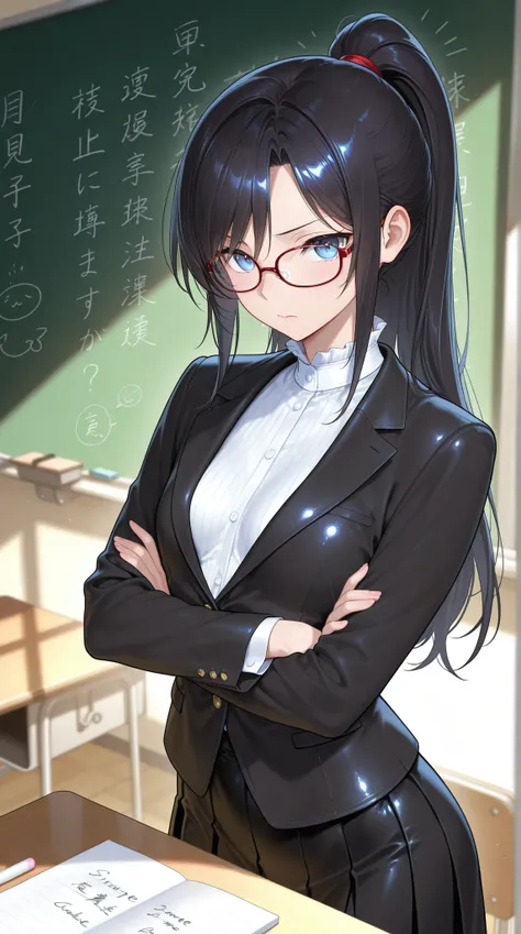 High Quality Photo、masterpiece、Highest Quality、female teacher standing at the pulpit、tight red thin framed glasses、tight tied high ponytail、black slender suit skirt and white blouse with sharp collar、majestic posture looking over the classroom with arms cr...
