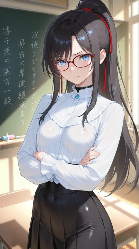 High Quality Photo、masterpiece、Highest Quality、female teacher standing at the pulpit、tight red thin framed glasses、tight tied high ponytail、black slender suit skirt and white blouse with sharp collar、majestic posture looking over the classroom with arms cr...