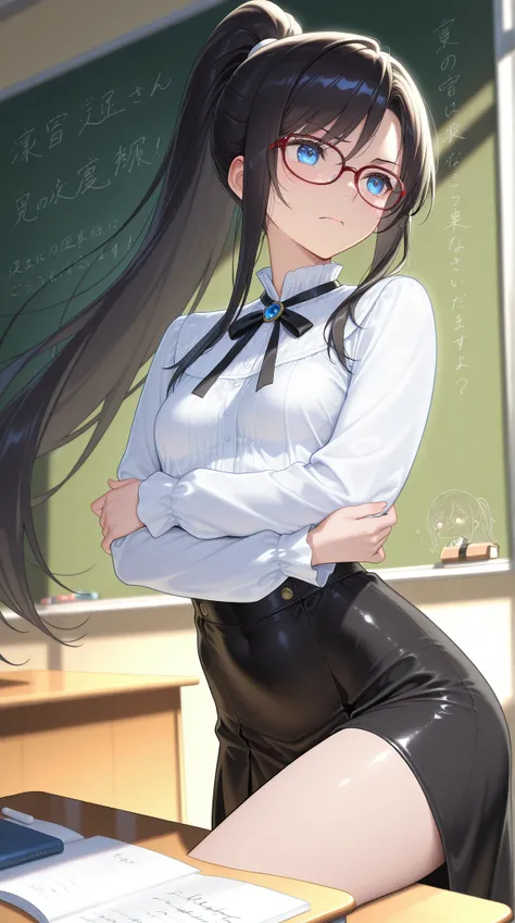 High Quality Photo、masterpiece、Highest Quality、female teacher standing at the pulpit、tight red thin framed glasses、tight tied high ponytail、black slender suit skirt and white blouse with sharp collar、majestic posture looking over the classroom with arms cr...