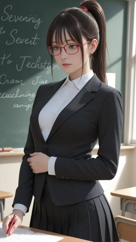 High Quality Photo、masterpiece、Highest Quality、female teacher standing at the pulpit、tight red thin framed glasses、tight tied high ponytail、black slender suit skirt and white blouse with sharp collar、majestic posture looking over the classroom with arms cr...