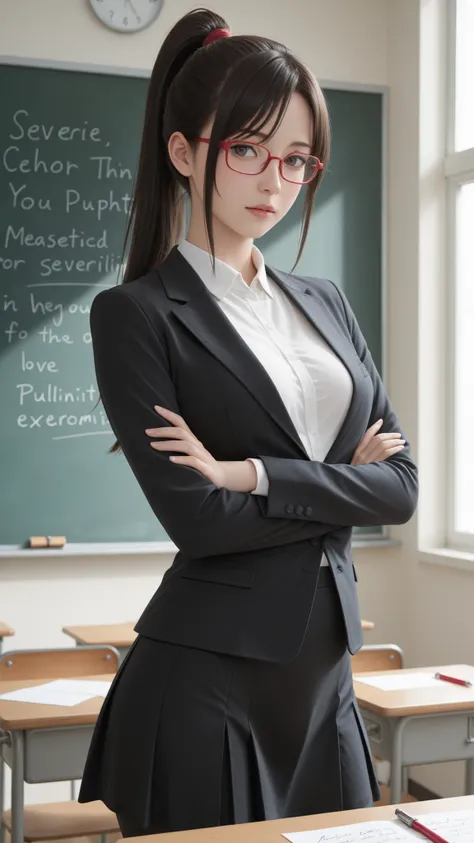 High Quality Photo、masterpiece、Highest Quality、female teacher standing at the pulpit、tight red thin framed glasses、tight tied high ponytail、black slender suit skirt and white blouse with sharp collar、majestic posture looking over the classroom with arms cr...