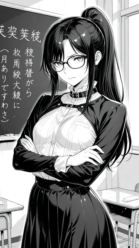 High Quality Photo、masterpiece、Highest Quality、female teacher standing at the pulpit、tight red thin framed glasses、tight tied high ponytail、black slender suit skirt and white blouse with sharp collar、majestic posture looking over the classroom with arms cr...