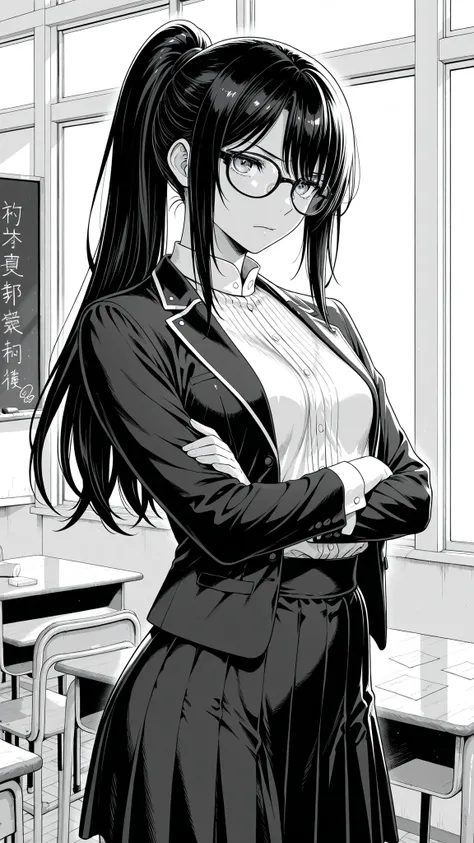 High Quality Photo、masterpiece、Highest Quality、female teacher standing at the pulpit、tight red thin framed glasses、tight tied high ponytail、black slender suit skirt and white blouse with sharp collar、majestic posture looking over the classroom with arms cr...