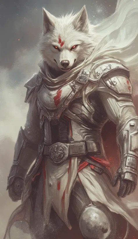 Ultra-detailed realistic illustration of a white anthropomorphic wolf superhero with a sharp red scar over one eye, tall and powerful stance, heroic presence. Unique original costume inspired by modern tactical suits: white and silver armor plates with sub...