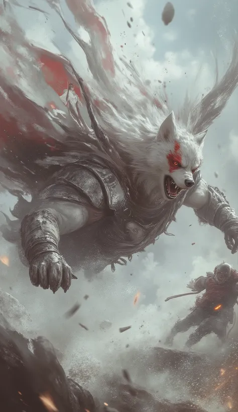 Dynamic action scene featuring a white anthropomorphic wolf superhero with a red scar over one eye, mid-air during an intense rescue. He dives forward with incredible speed, cape white-and-red whipping dramatically behind him, one arm reaching out to save ...