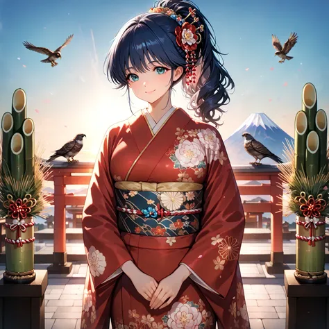 sunrise,dawn,Cute girl in kimono,,,(ayukawa madoka),dark blue hair,ponytail,busty,smile,japanese kimono,red kimono,  floral print,{{masterpiece}}, {{{Highest Quality}}}, {{Super Detailed}}, {{illustration}}, wonderful,Precise Details,kanzashi , hair orname...