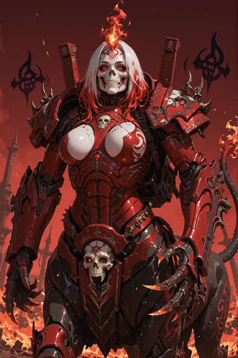 UHD, masterpiece, anatomically correct, super detail, best quality, high-res, 16k, solo, Necrosphinx, Long flame hair white color hair, red eyes, white skull face, skull in flames, symbols on skull, very large breasts, power armor crimson color, A menacing...