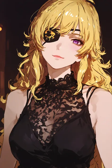 illustration, yang xiao long, 1girl, solo, purple eyes, one eye patch, blonde hair, wavy hair, long hair, wearing black dress, beautiful woman, medium breasts, nacklace, rebellious and alluring expression sharp and defined facial features, moody cinematic...