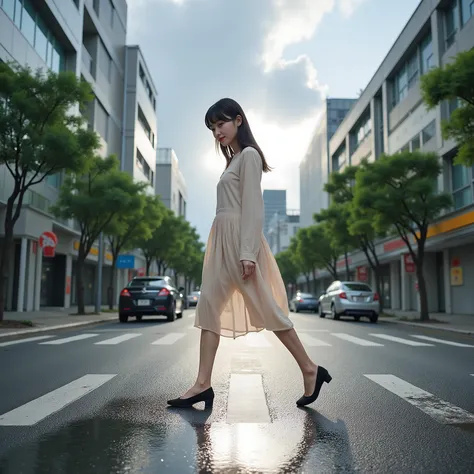 and gently hides an extraordinary sense of floating、drops of street trees catch light and shine like a point light source。Movie Lighting、super clear focus、from the edge of the puddle 50cmLegs are kept on top、reflections on the road surface visually highlig...