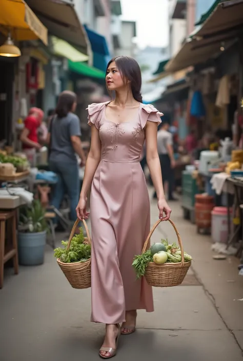 Tjia,A Vietnamese goddess wearing a refined, flowing áo dài with subtle silk embroidery, walking elegantly through a bustling Vietnamese chợ wet market in the early morning. She carries two round bamboo baskets filled with fresh herbs, long beans, fish, an...