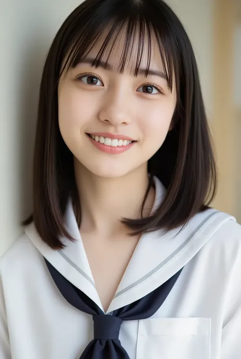 high school girl、sailor suit、Smile、semi-long、portrait、((Angle Above Collarbone))