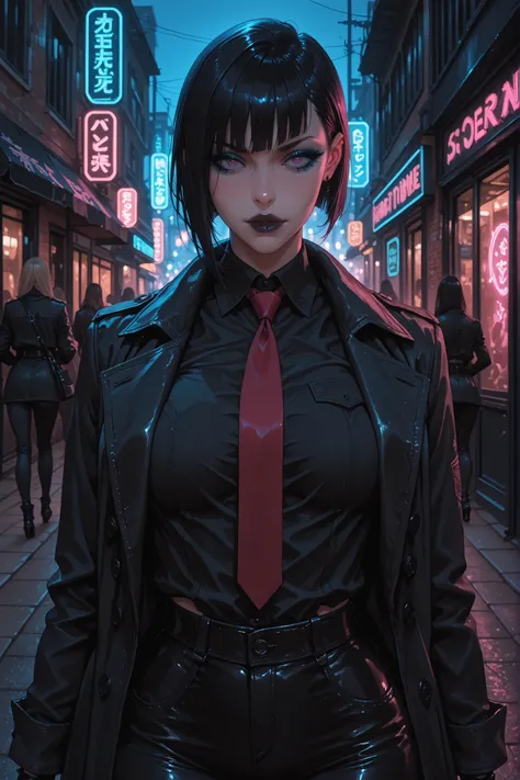 masterpiece, best quality, ultra-detailed, cinematic lighting, A fierce and dangerous woman stands confidently on a urban sidewalk at night. Her head is shaved in a sharp buzzcut. Her makeup is stark and dramatic: black-painted lips and bold, electric blu...