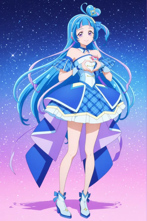 cure wink, kimi to idol precure, blue hair, magical girl, mini crown, purple eyes, blue dress, tilted headwear, very long hair, blunt bangs, bare shoulders, hairband, two-tone hair, purple hair, jewelry, idol clothes, idol, masterpiece, best quality, newes...