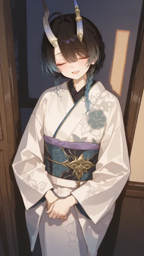 Grandma ,Regent Shape,Black-haired,There's a genty-shaped horn.,White Kimono,cute,short hair,Gray Highlight,smile,In the houseญี่ปุ่น,Gray Highlight, Short Braided Hair ,gradient hair,Blue Highlight Hair,Ahoge, Tsundere fang, open mouth, closed eye,Close t...